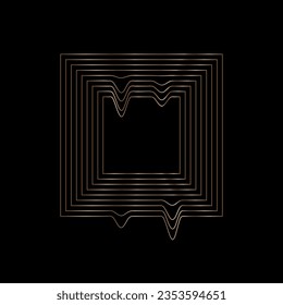 Square abstract gold frame, linear wavy geometric shape object on black background. Vector illustration.