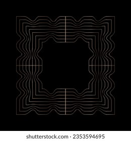 Quadratischer abstrakter Goldrahmen, lineares geometrisches, geometrisches Objekt auf schwarzem Hintergrund. Vektorgrafik.