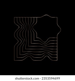 Square abstract gold frame, linear wavy geometric shape object on black background. Vector illustration.
