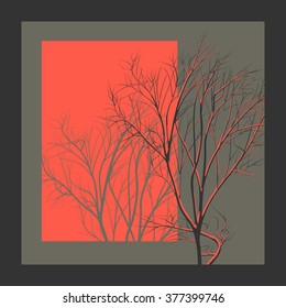 Square abstract illustration tree branch in red light with shadow.
