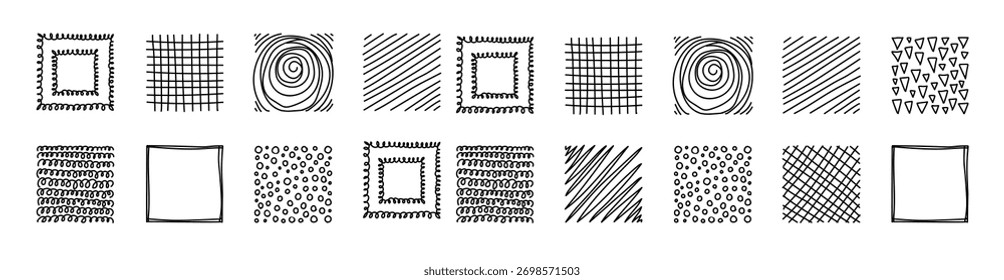 Linha abstrata quadrada preta padrões contínuos. Retângulo contemporâneo mão desenhado rabiscar formas de fundo. Manchas, quedas, curvas, Linhas. Ilustração moderna contemporânea do vetor.