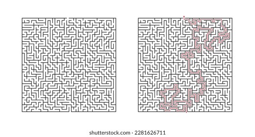 Square abstract maze. Find right way. Isolated simple square maze black line on white background. Vector illustration.