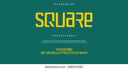 Fontes quadradas abstratas do alfabeto moderno mínimo. Ilustração vetorial da tecnologia de tipografia.