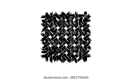 A square abstract pattern featuring intersecting black ink brush strokes creating a woven textile texture effect on a white background