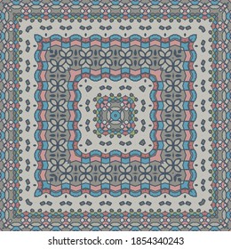 Square abstract pattern in gray pink blue, fabric print scarf pattern. Home decor, interior design, cloth design. Frame. Ribbons. 