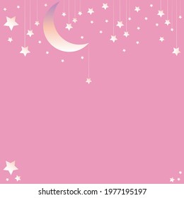 Square abstract pink background with copy space - pastel banner, poster, post card, cover design template, social media wallpaper with moon and stars. Gradient white, yellow and purple. Good night