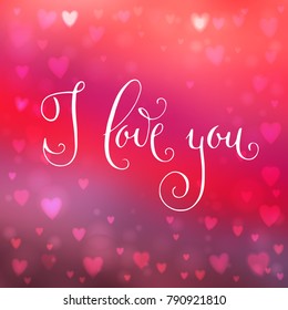 Square abstract pink blur background with heart-shaped lights over it and hand written  I love you words.