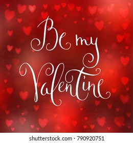 Square abstract red blur background with heart-shaped lights over it and hand written Valentine's day greetings.