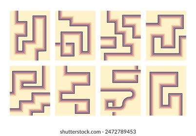 Quadratisches Abstraktes Retro 70er Jahre Funky Hintergrunddesign. Geometrisches stilvolles Poster mit Streifen. Vektorillustration eingestellt.