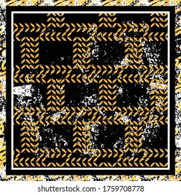 square abstract scarf patterns with luxurious gold and black colors with black and white borders emphasize the luxurious gold color