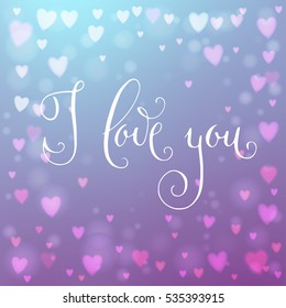 Square abstract smooth blur background with heart-shaped lights over it and hand written  I love you words.