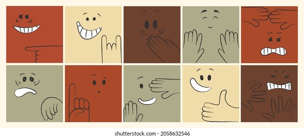 Square abstract space faces of different colors with different emotions. Comic stylized illustrations