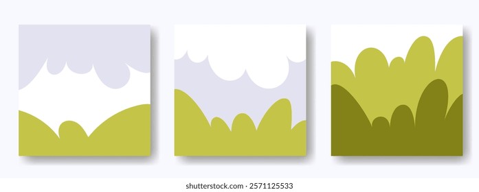Square abstract spring and summer background, green blue and white colors. Blue sky, white clouds and green fields. Vector background illustration for flyers, posters, covers, banners.