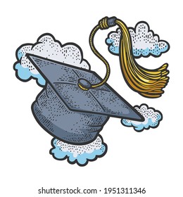 Square academic bachelor cap flying at sky on clouds background color sketch engraving vector illustration. T-shirt apparel print design. Scratch board imitation. Black and white hand drawn image.