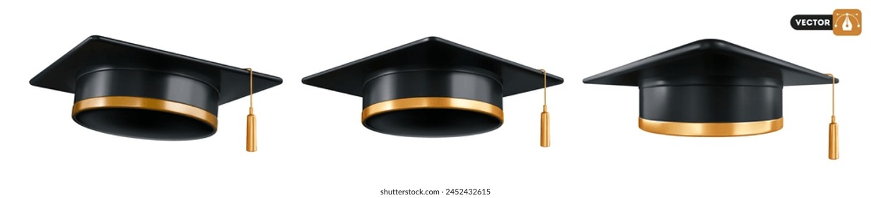 Square academic cap, black graduation hat or mortarboard with golden tassel, for graduates of college, high school, university. Clothes for degree ceremony. 3d realistic isolated vector illustration