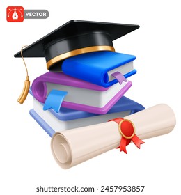 Square academic cap, black graduation hat or mortarboard with golden tassel, on the multicolored book stack, and rolled diploma with red ribbon. 3d realistic isolated vector illustration