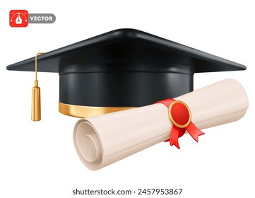 Gorra académica cuadrada, sombrero de graduación negro o mortero con borla dorada, para graduados de la universidad, colegio, universidad y diploma enrollado con cinta roja. Ilustración vectorial aislada realista 3d