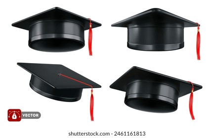 Gorra académica cuadrada, sombrero negro de graduación o mortero con borla roja, para graduados de la universidad, escuela secundaria, universidad. Ropa para la ceremonia de graduación. Ilustración vectorial aislada realista 3d