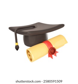 Square academic cap, black graduation hat or mortarboard with school, Knowledge and rolled diploma with red ribbon and stamp realistic isolated vector illustration