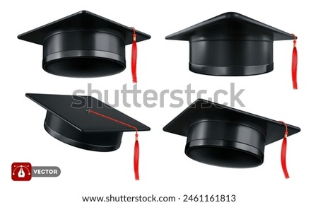 Square academic cap, black graduation hat or mortarboard with red tassel, for graduates of college, high school, university. Clothes for degree ceremony. 3d realistic isolated vector illustration