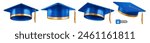 Square academic cap, blue graduation hat or mortarboard with golden tassel, for graduates of college, high school, university. Clothes for degree ceremony. 3d realistic isolated vector illustration