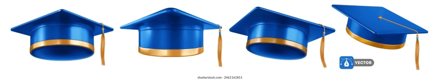 Square academic cap, blue graduation hat or mortarboard with golden tassel, for graduates of college, high school, university. Clothes for degree ceremony. 3d realistic isolated vector illustration