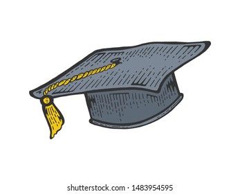 Square academic cap color sketch engraving vector illustration. Scratch board style imitation. Black and white hand drawn image.