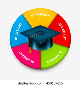 Square academic cap colorful circle infographics. Square academic cap icon 3d. Vector infographic illustration