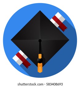 Square academic cap with a diploma on a blue background.