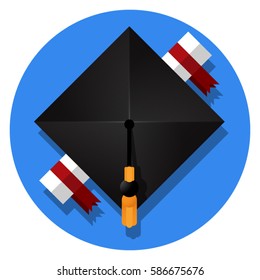 Square academic cap with a diploma on a blue background.
