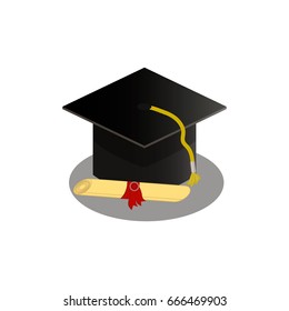 square academic cap with a diploma on a white background, knowledge, training, graduate, oxford cap, mortarboard