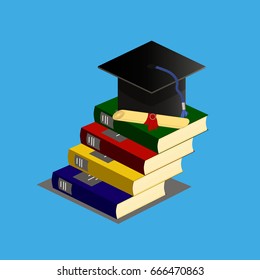 square academic cap with a diploma on a pile of books, knowledge, a graduate