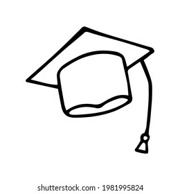 Square academic cap in doodle style. Graduation cap hand drawn icon. Vector sketch illustration of graduation hat isolated on white background.