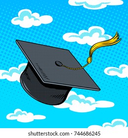 Square academic cap fly in sky pop art retro vector illustration. Comic book style imitation.