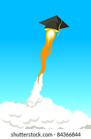 Square academic cap flying high with rocket booster