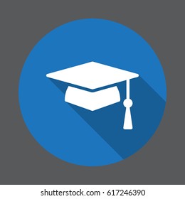 Square academic cap, graduation hat flat icon. Round colorful button, circular vector sign with long shadow effect. Flat style design