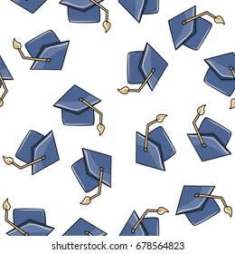 Square academic cap or graduation hat element seamless pattern.  Hand draw doodle style. School background print concept