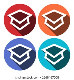 Icono de tapón académico cuadrado. Diseño plano de sombra larga. Volver a la serie de iconos escolares.