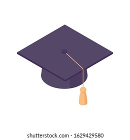 Square academic cap isometric. Vector illustration of graduation hat with golden tassel isolated on white background. Traditional uniform for college or university student ending high school.