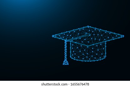 Square Academic Cap made from points and lines on dark blue background, education wireframe mesh polygonal vector illustration