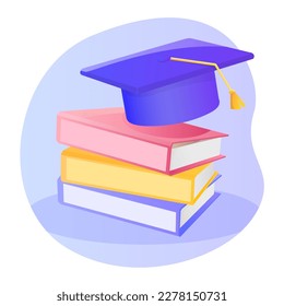 Square academic cap on textbooks. Cartoon vector illustration on the white background.