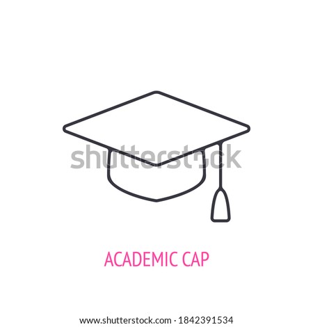 Square academic cap. Outline icon. Vector illustration. Scientist hat. Symbols of scientific research and education. Thin line pictogram for user interface. Isolated white background