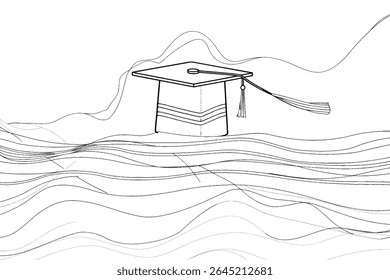Square academic cap, oxford cap, drawn by a single line on a white background. Continuous line Vector