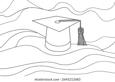 Square academic cap, oxford cap, drawn by a single line on a white background. Continuous line Vector