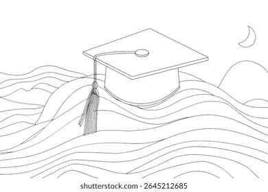 Square academic cap, oxford cap, drawn by a single line on a white background. Continuous line Vector