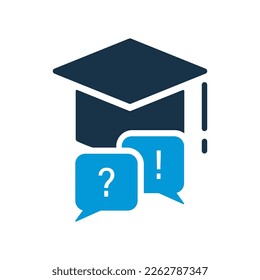 Square Academic Cap Silhouette Icon. Education FAQ Concept Glyph Pictogram. Exclamation Mark, Question Mark On Speech Bubble with Mortarboard Graduation Sign. Isolated Vector Illustration.
