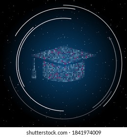 El símbolo de la gorra académica cuadrada está lleno de puntos blancos. Algunos puntos son rosas. Ilustración vectorial sobre fondo azul con estrellas
