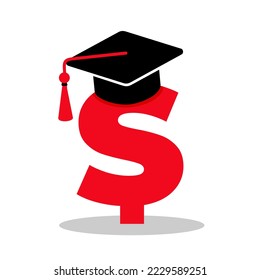 Square academic cap and US dollar - price, cost, value and expense of expensive studium and education. College, university and money, scholarship and tuition. Vector illustration isolated on white.