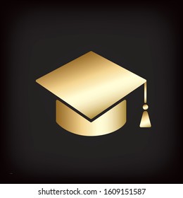 Square Academic Graduation Cap Glossy Gold Icon Style Sign as Symbol of Scientific Degree or Graduating Class - Golden on Black Background - Vector Gradient Graphic Design