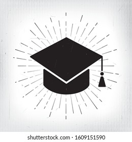 Square Academic Graduation Cap Icon Style Sign over Shining Rays Circle as Symbol of Scientific Degree or Graduating Class - Black on White Background - Vector Contrast Graphic Design